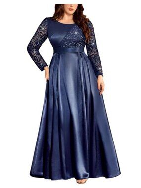 Plus Size Sequin Lace Satin Formal Evening Gown Long Sleeve Maxi Dress